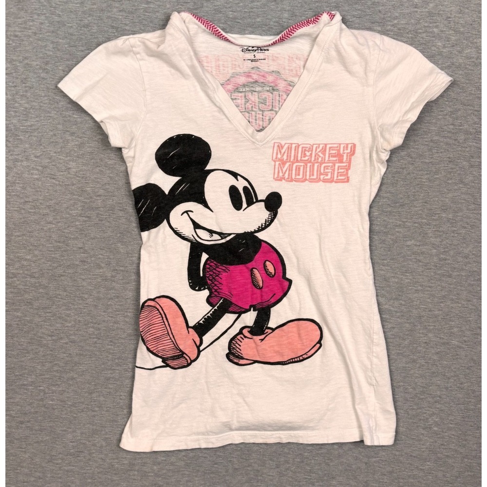 Disney White V-Neck Mickey Mouse Short Sleeve Tee with Pink Accents